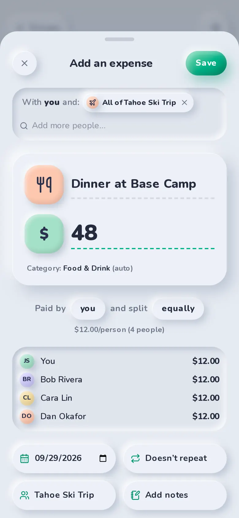 Adding a $48 dinner expense in SplitBank, split with the Tahoe Ski Trip group