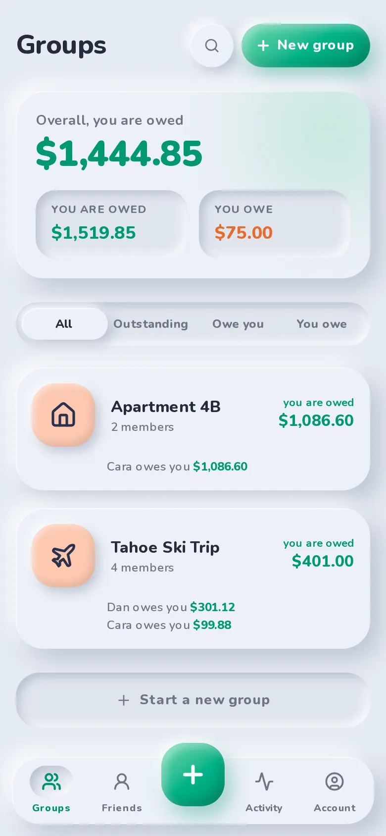 SplitBank on a phone: an overall balance card and a list of groups with who owes whom