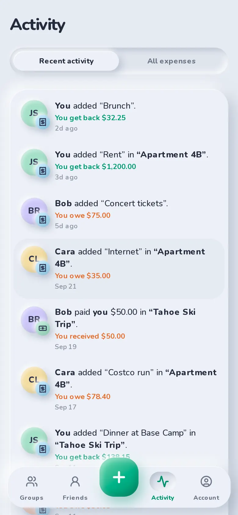 The SplitBank activity feed listing recent expenses and payments in plain sentences