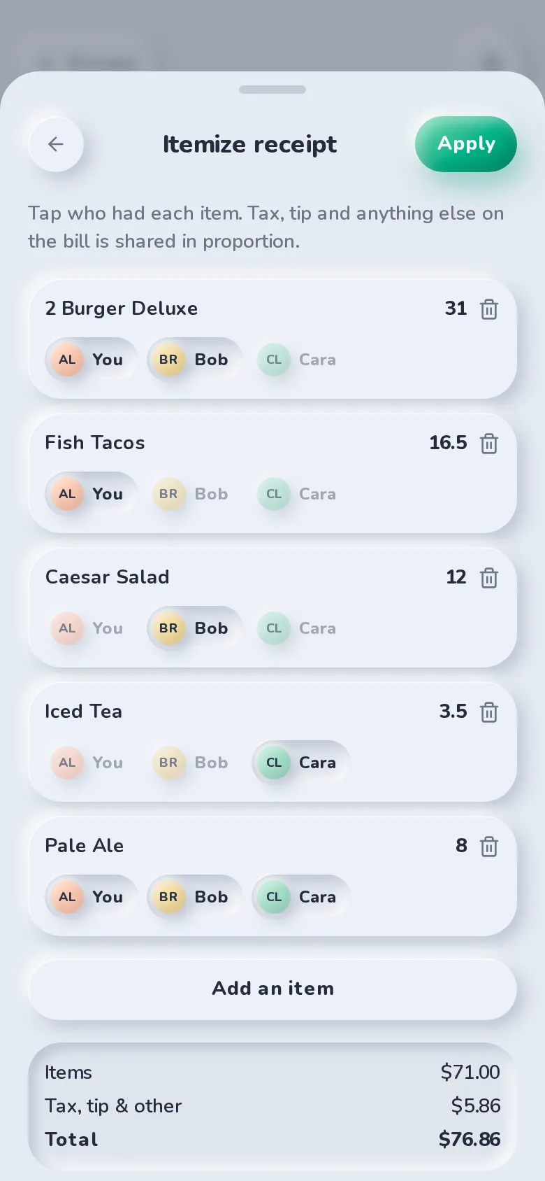 Itemizing a $76.86 restaurant receipt in SplitBank, with each item assigned to You, Bob or Cara