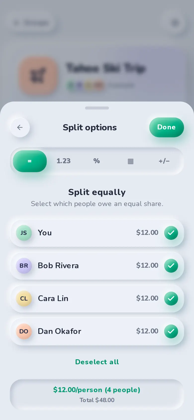 The split options screen in SplitBank splitting a $48 dinner equally, $12 each