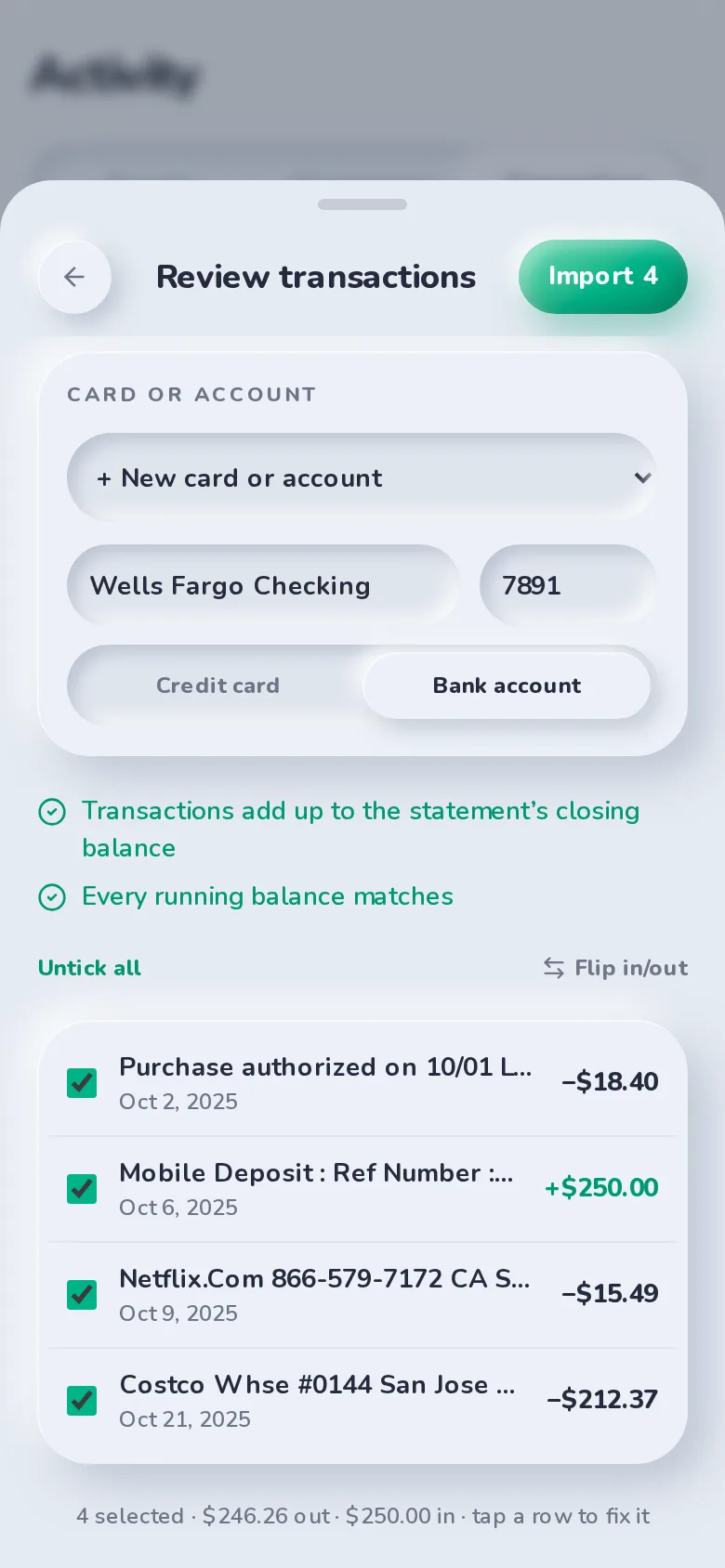 Reviewing transactions from an uploaded bank statement in SplitBank before importing them